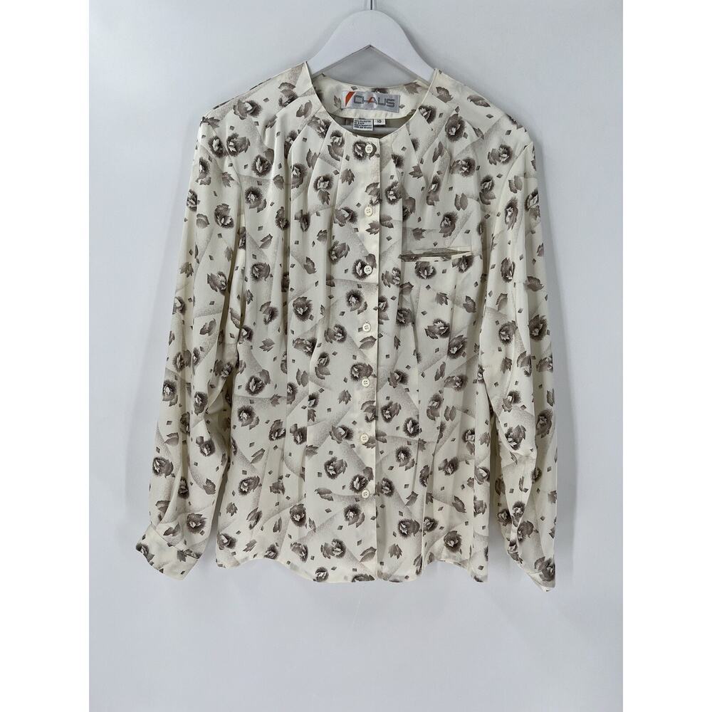 Chaus Vintage Blouse Womens 10 White Black Long Sleeves Satin Pocket Button